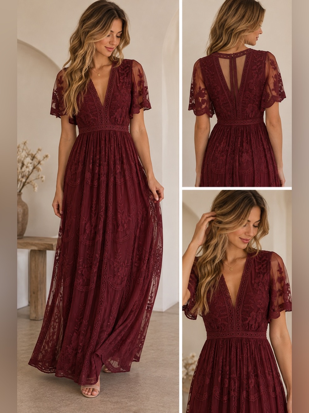 Altar'd State Wine Lace Maxi Dress with V-Neck